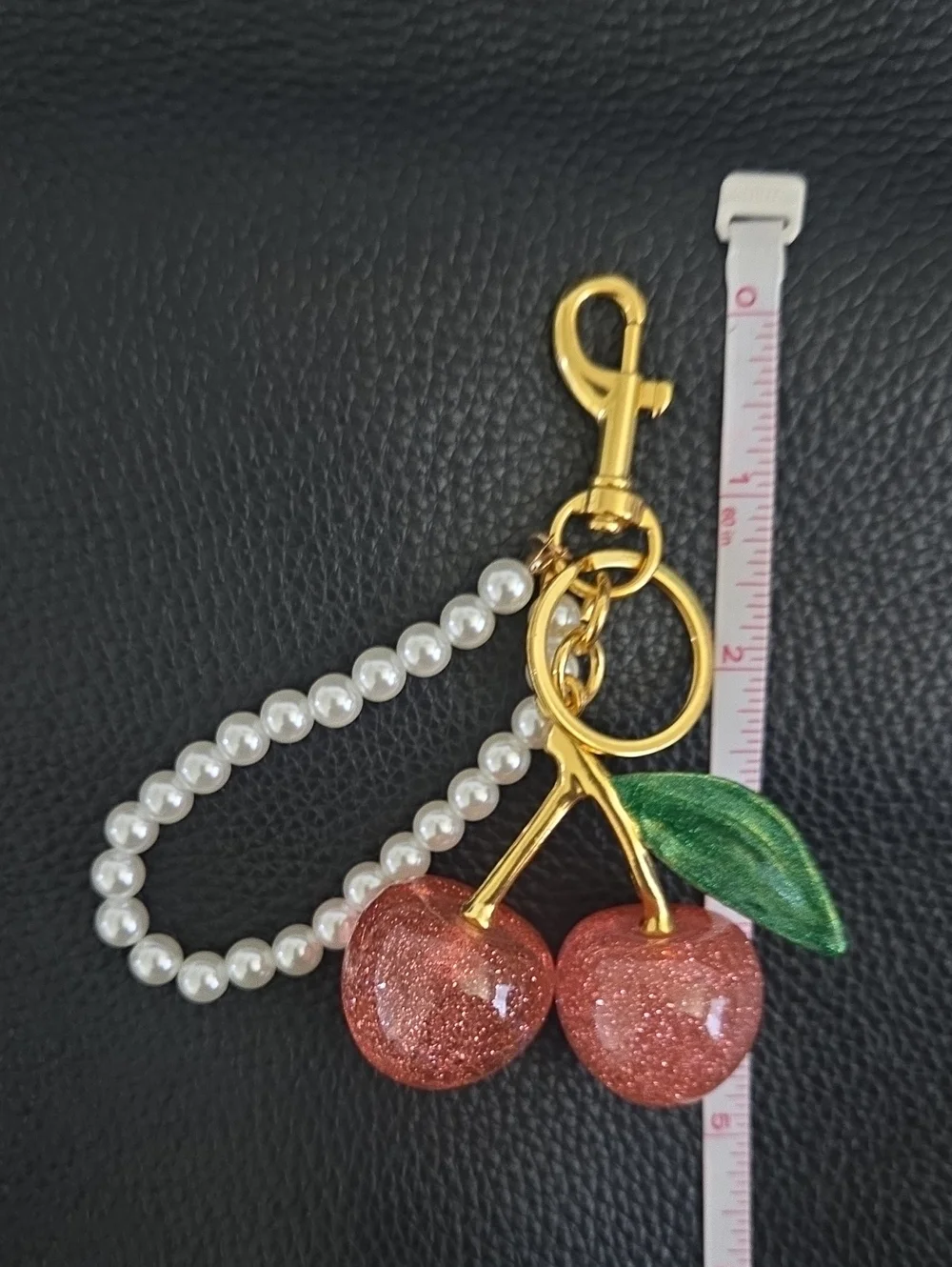 Gold Pearl Cherry Keychain Bag Charm - Pink Cherries